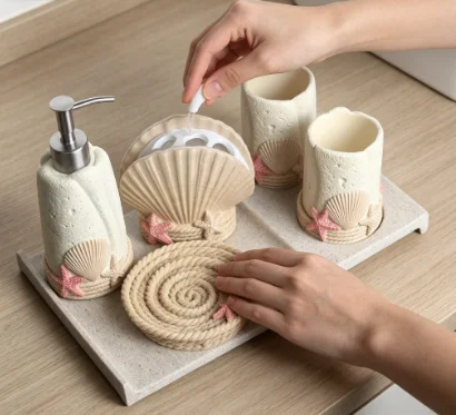 Bathroom Decor Ocean Themed Summer Resin Bathroom Accessories 5Pcs Set Shell Soap Dispenser Lotion Bottle Toothbrush Holder