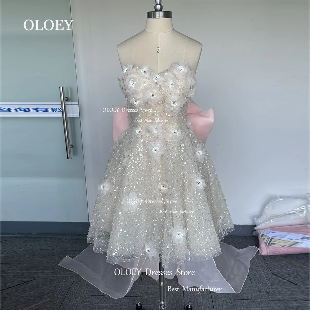 OLOEY-Robe de mariée courte en dentelle perlée, avec poignées, nœud amovible, pour patients, corset au dos, sur mesure