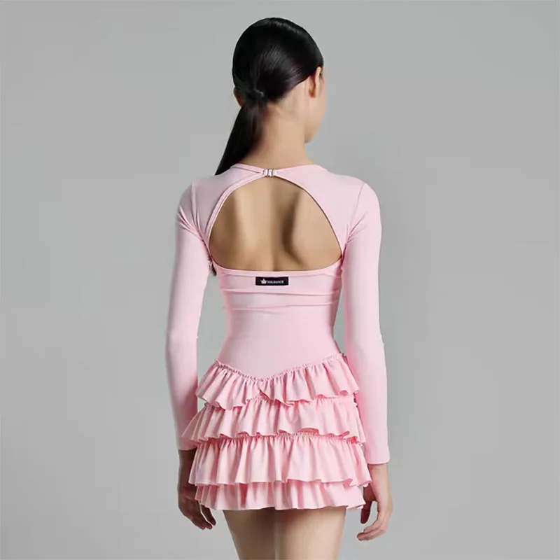 

Children's Latin Dance Dress Kids Girls Long Sleeve Bodysuit and Practice Splicing Fairy Cake Skirt Set with Hairband Costume