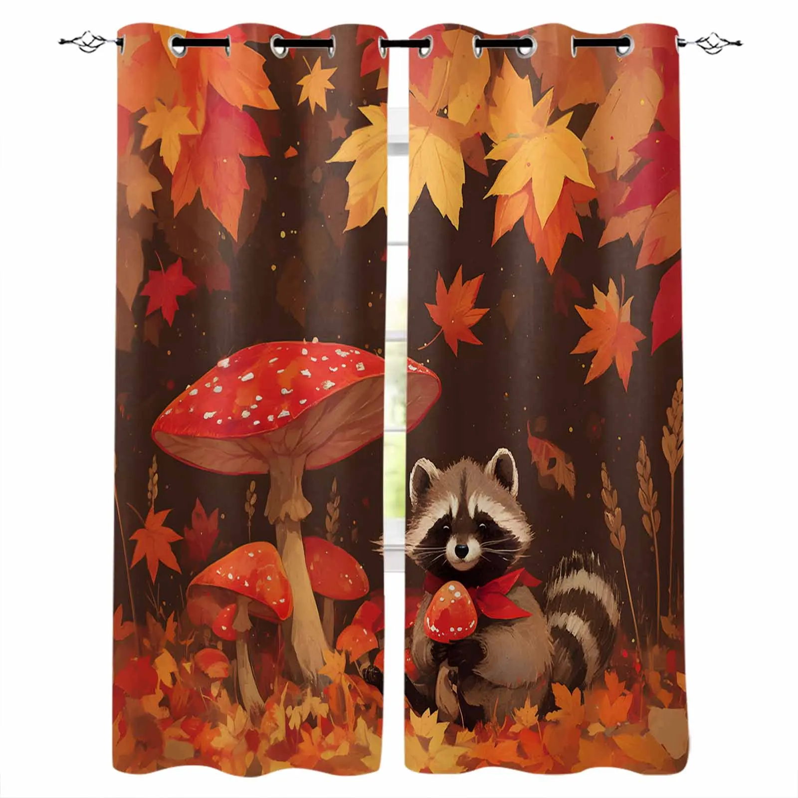 Autumn Maple Leaf Mushroom Raccoon Blackout Curtains For Living Room Bedroom Window Treatment Blinds Drapes