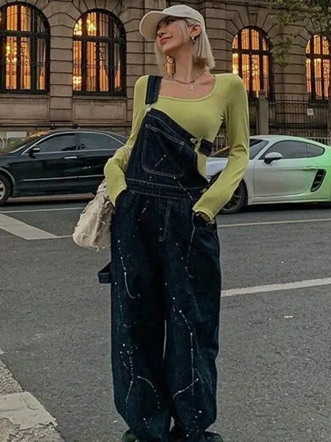 

Anti-Aging American Sle Splaed Ink Denim Overalls Women's Spring Autumn New Large Size Street Faion Slimming One-Piece ...