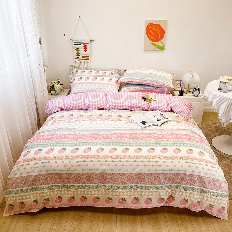 

White Pink Strawberry Striped Duvet Covers Boho Bedding Cute Comforter Sets 4 PCS Reversible Checker Duvet Cover for Kids Teens