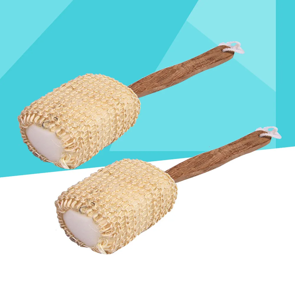 2Pcs Bath Brush Scrubber Wooden Handle for Dry Rough Skin Back Acne Eczema Lotion Applicator Exfoliating Shower Sponge Easy