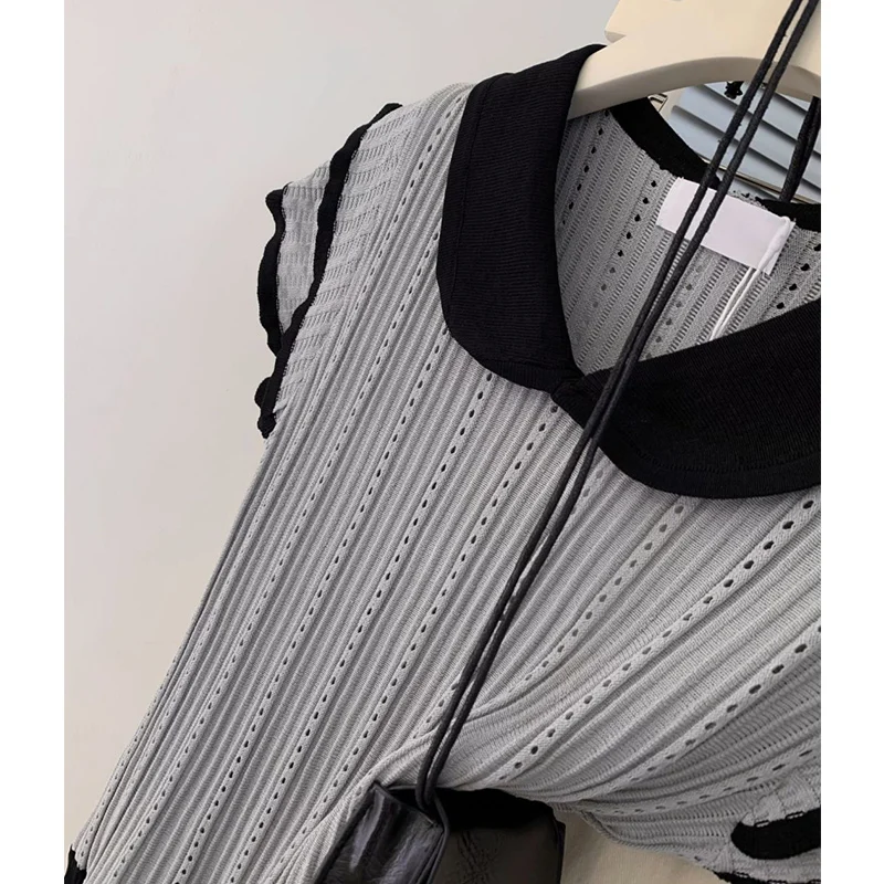 Summer Casual All-match Patchwork Turn-down Collar Short Sleeve T-Shirts Female Sweet Screw Thread Hollow Out Ruffles Top Tee