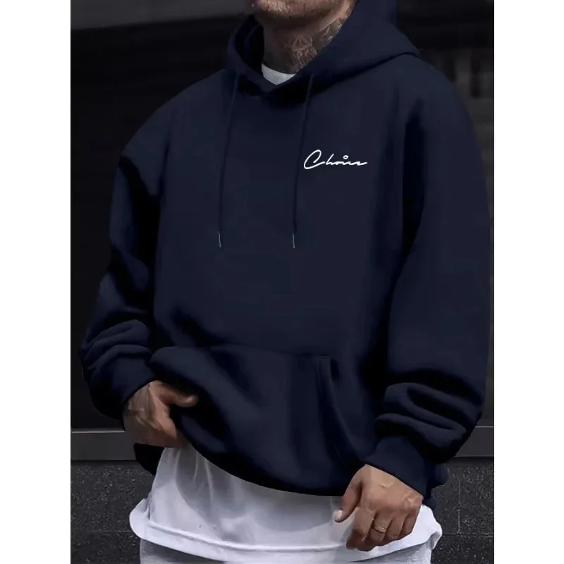 2026 New Men Simple Print Hoodie With Kangaroo Pocket Casual Sportswear Pullover For Daily Outdoor Street Leisure Wear Outfit