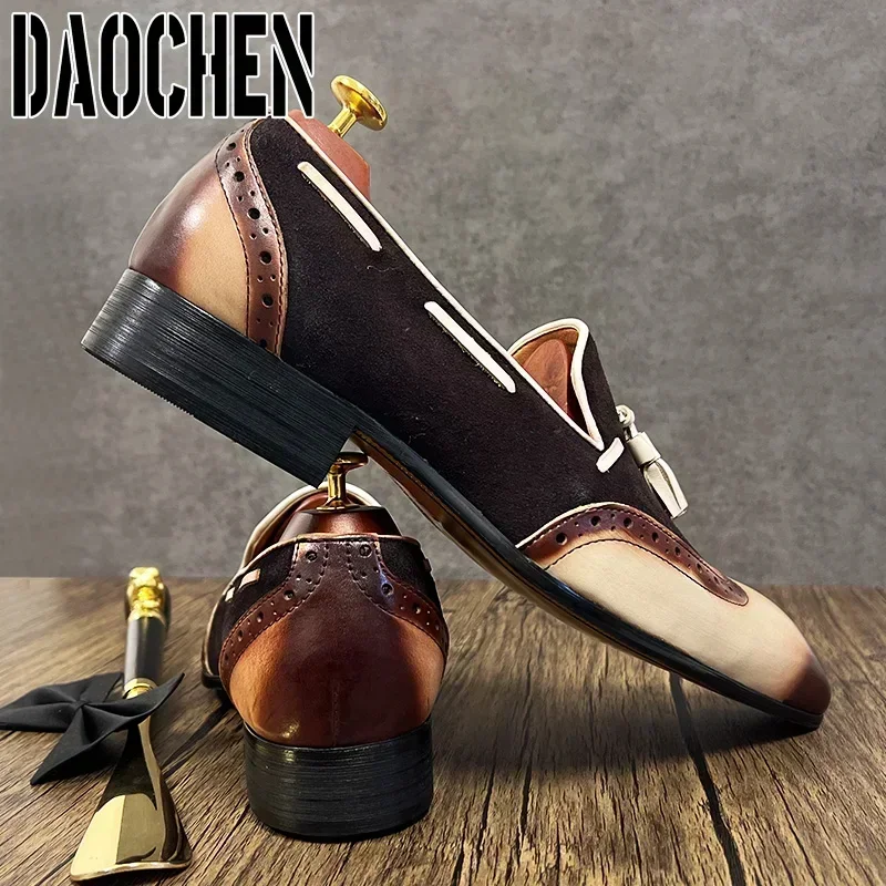 Mocassins italiens en daim à bout d'aile pour hommes, chaussures en cuir, noir, marron, document mixte, robe décontractée, mariage, bureau