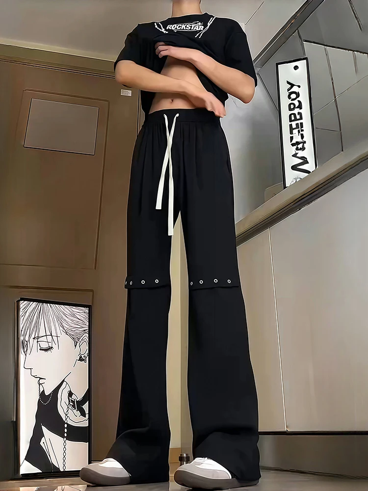 

Long Ice Silk Bell Bot Men's Summer Thin Metal Design Straight Cut Casual Pants Loose Fit Low Waist Breathable Straight Leg