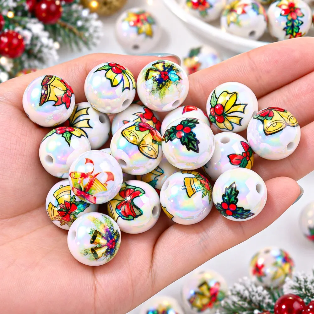 iYOE 5/10pcs 16mm AB Christmas Bell Holly Bow Print Acrylic Beads Xmas Theme Beads for DIY Jewelry Making Bracelets Necklaces