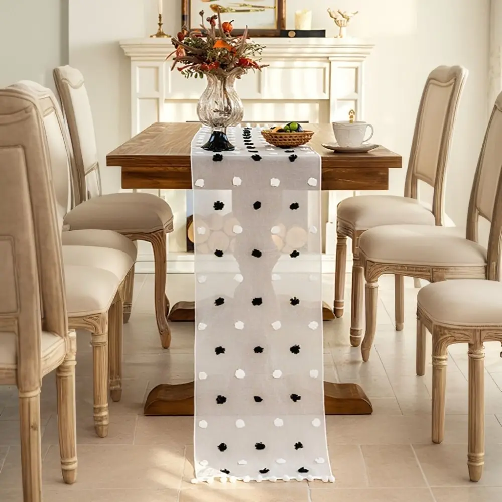 Nordic Style Lace Table Runner Gauze with 3D Pom-poms Dining Table Cloth French-style Rectangular Bookcase Cover Party