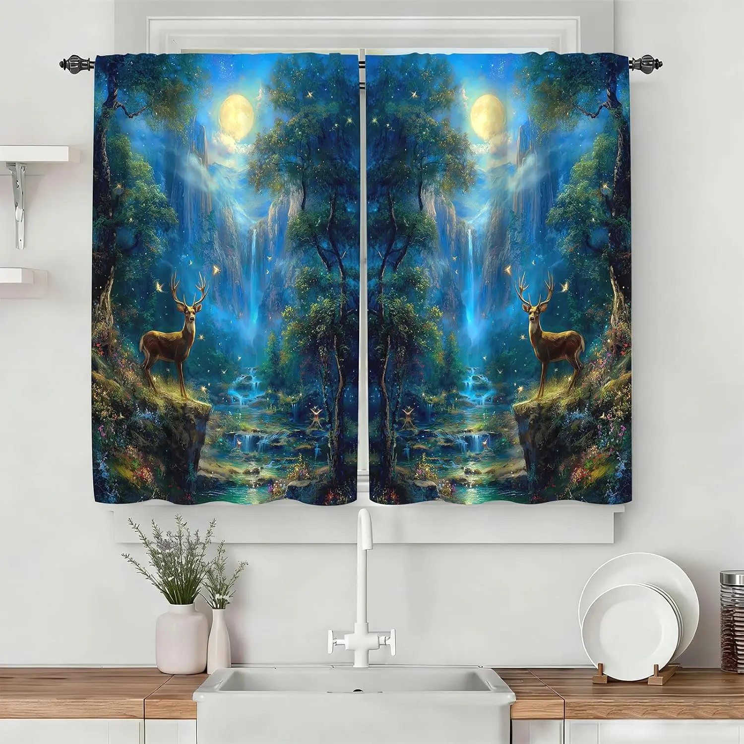 Enchanted Forest Deer Waterfall Curtains 2pcs Pair Magic Nature Drapes for Bedroom Living Room Home Decor Window Backdrop
