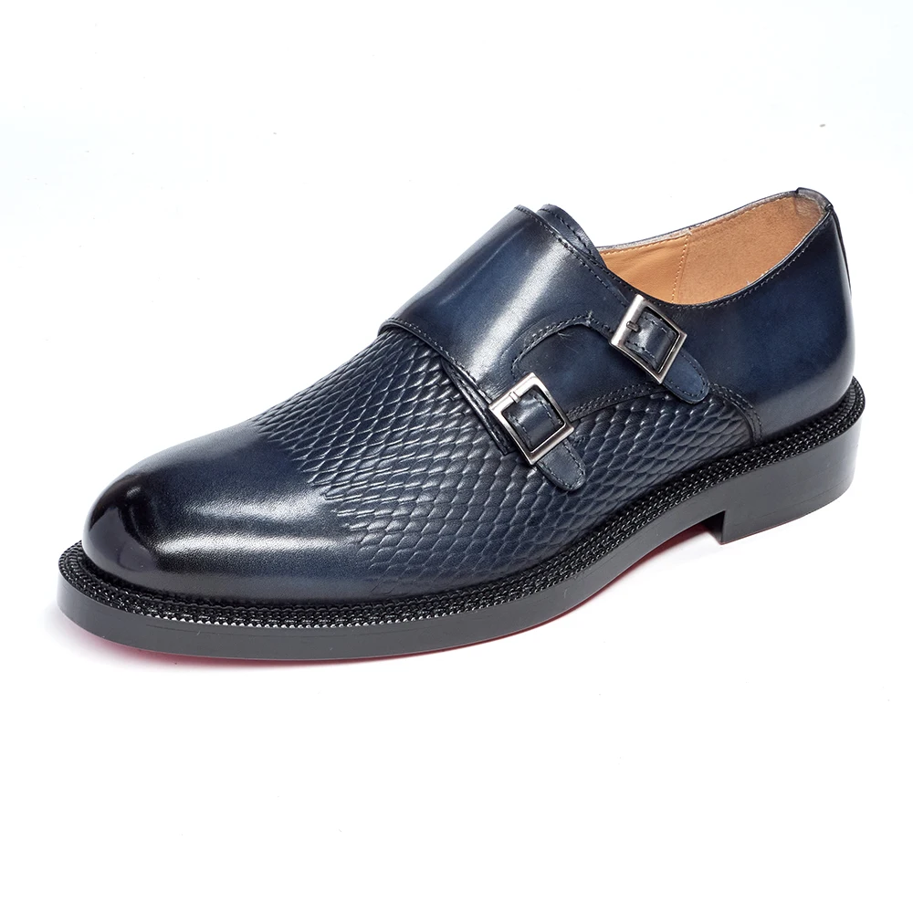 Luxury Genuine Leather Men's Wedding Dress Shoes Buckle Monk Strap Red Sole Cap Toe Black Blue Business Formal Shoes for Man