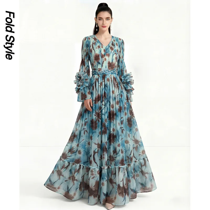 

Женское платье Miyake с плиссировкой, объемными цветами и рукавами-колокол, с оборками на талии, длинное, в стиле «тяжелая индустрия»