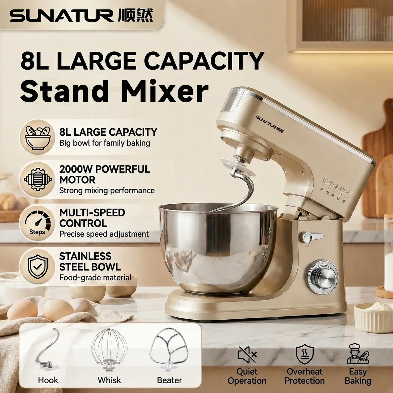 SUNATUR 8L 2000W Stand Mixer Kitchen Food Mixer, Stainless Steel Bowl Dough Mixer, Multi Speed Dough Kneader Egg Beater