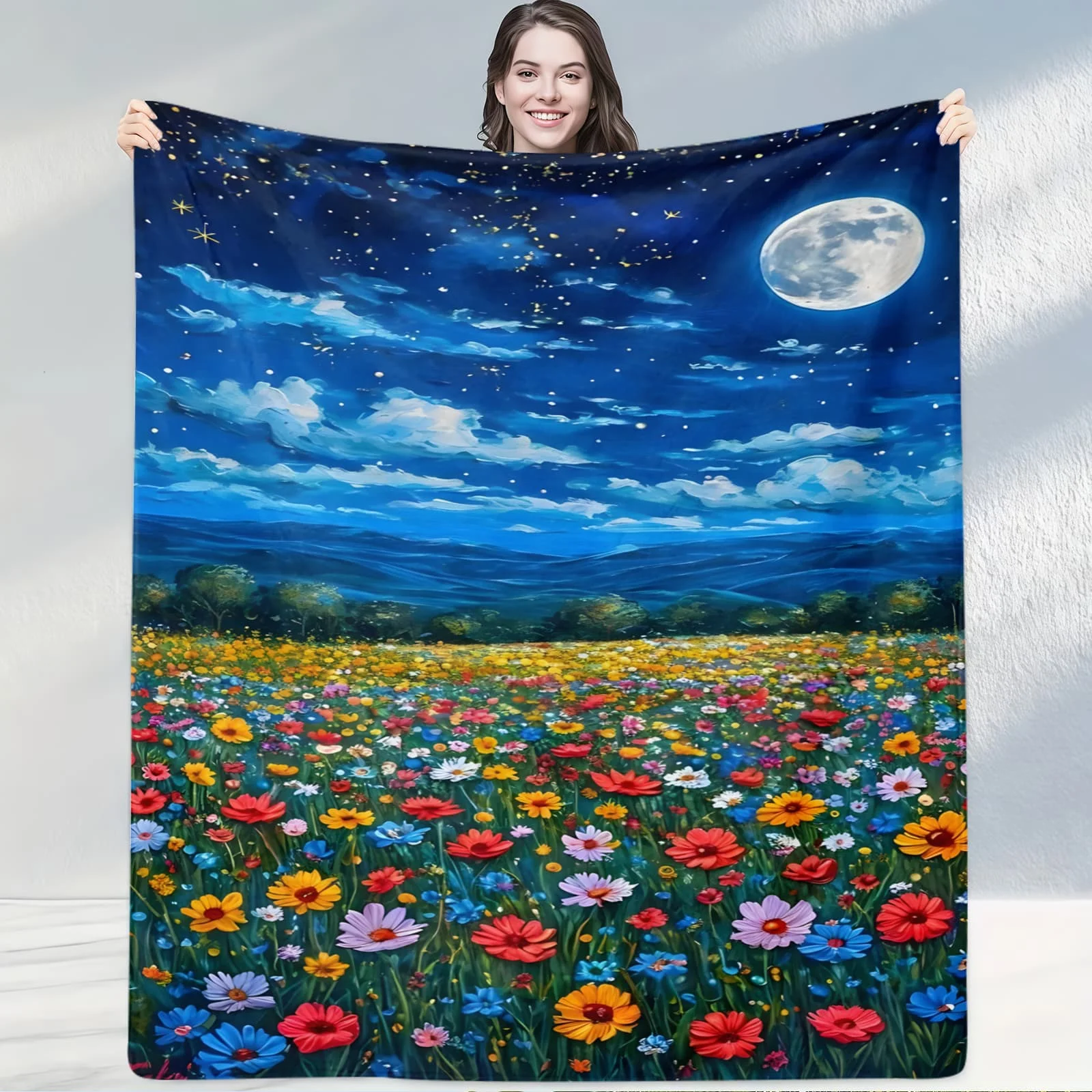 Star Moon Colorful Wildflower Sea Blanket Gentle Style Throw for Bedssofas Cozy Decor Gift with Mixed Blooms Showing Joyful Fun