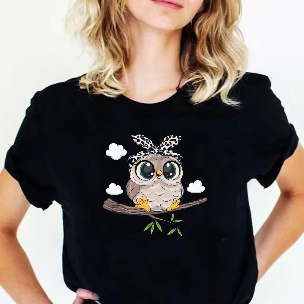 

Cartoon Owl Print T Shirt Women Kawaii Graphic Shirts Casual Short Sleeved Black Female Tee O-neck Harajuku T-shirts