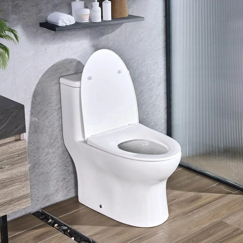 

Elegant Dual-Flush Toilet with Comfortable Chair Seat, 12 Rough-In, White & Silver, Easy-Clean Design