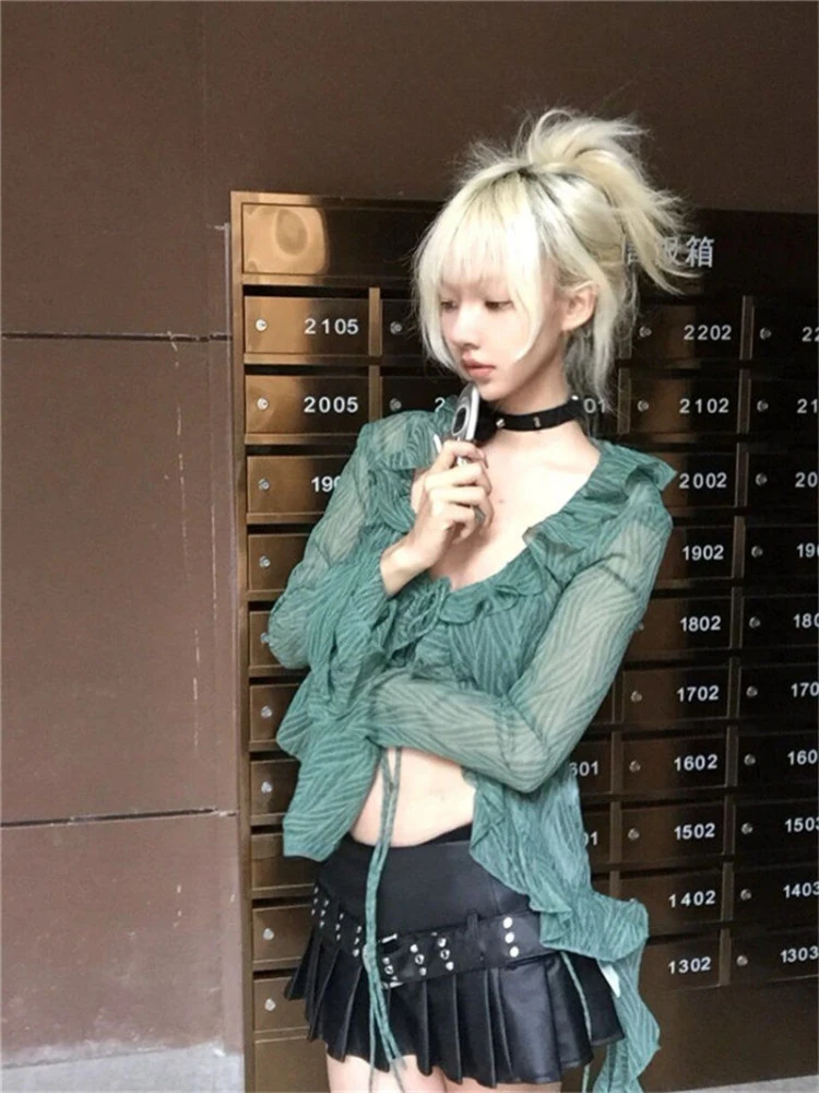 Japanese Y2k Lace Shirt Vintage 2000s Style Ruffles Blouses Grunge Aesthetics Irregular Green Shirts  Retro 90s Sexy Cardigan