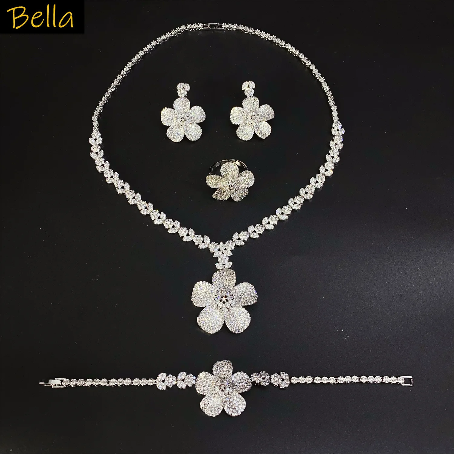 

full zircon flower jewelry sets 4pcs necklace earrings bracelet ring silver color wedding bridal evening party gown jewelry set
