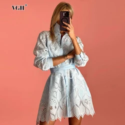 VGH Elegant Patchwork Lace Up Elegant Dresses For Women Lapel Long Sleeveless Spliced Button Hollow Out A Line Dress Female New