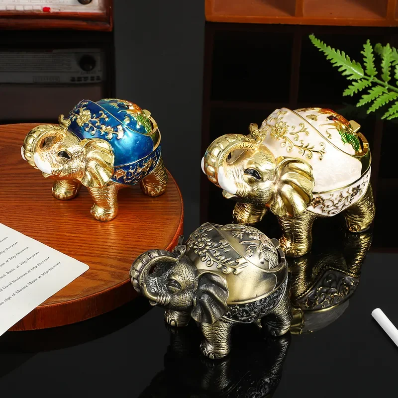 Retro Elephant Ashtray with Lid Luxury Home Decor Creative Living Room Ornament Anti Dust Cigarette Holder