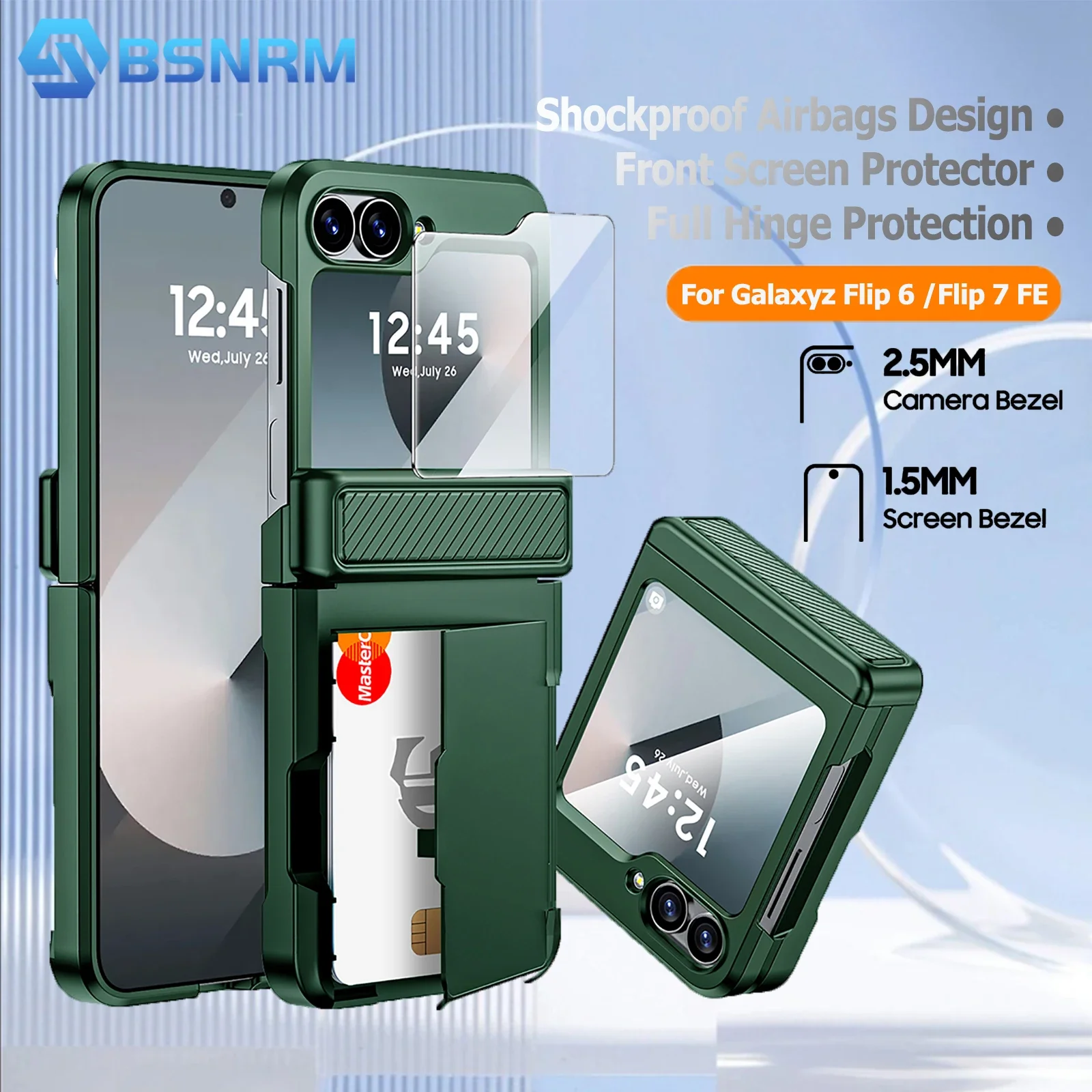 

Чехол-кошелек для Samsung Galaxy Z Flip 6, защита шарниров и с зажимом для карт [защита RFID] и защитной пленкой для экрана - зеленый