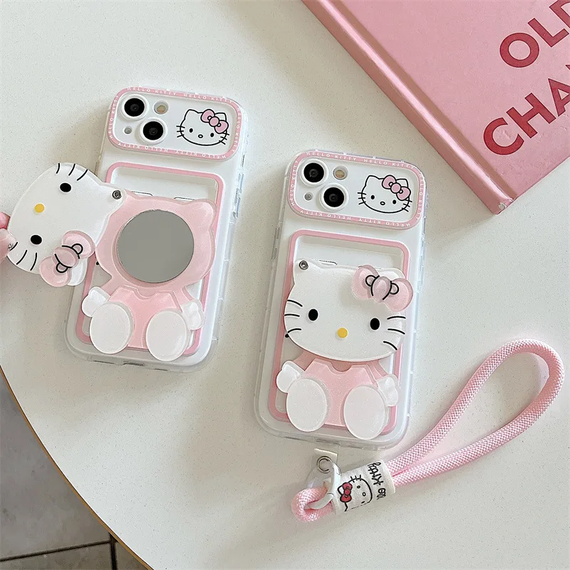 Kawaii Hello Kittys Makeup Mirror Phone Case Applicable To Iphone15Promax Apple 14/13/12 Creativity Mobile Phone Case Girl Gift