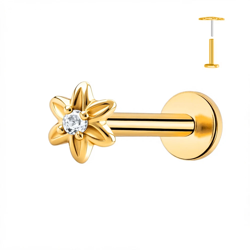 1 Stück G23 Titan Blumen-Piercing Flache Rückseite Ohrringe Push-In Labret Stud Stern Mond Helix Tragus Knorpel Körperschmuck – Detail 3