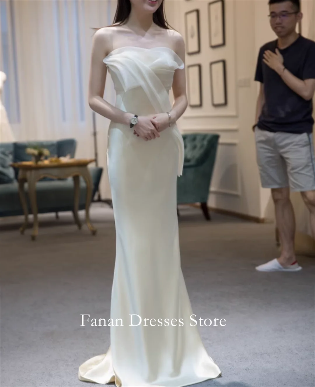 FANAN Korea Suknie Ślubne Bez Ramiączek, Długie do Podłogi, Syrenka, Marszczone, z Jedwabnej Satyny, Gorsetowe, Suknie Ślubne 웨딩드레스, Kolor Kości Słoniowej, Szyte na Miarę P