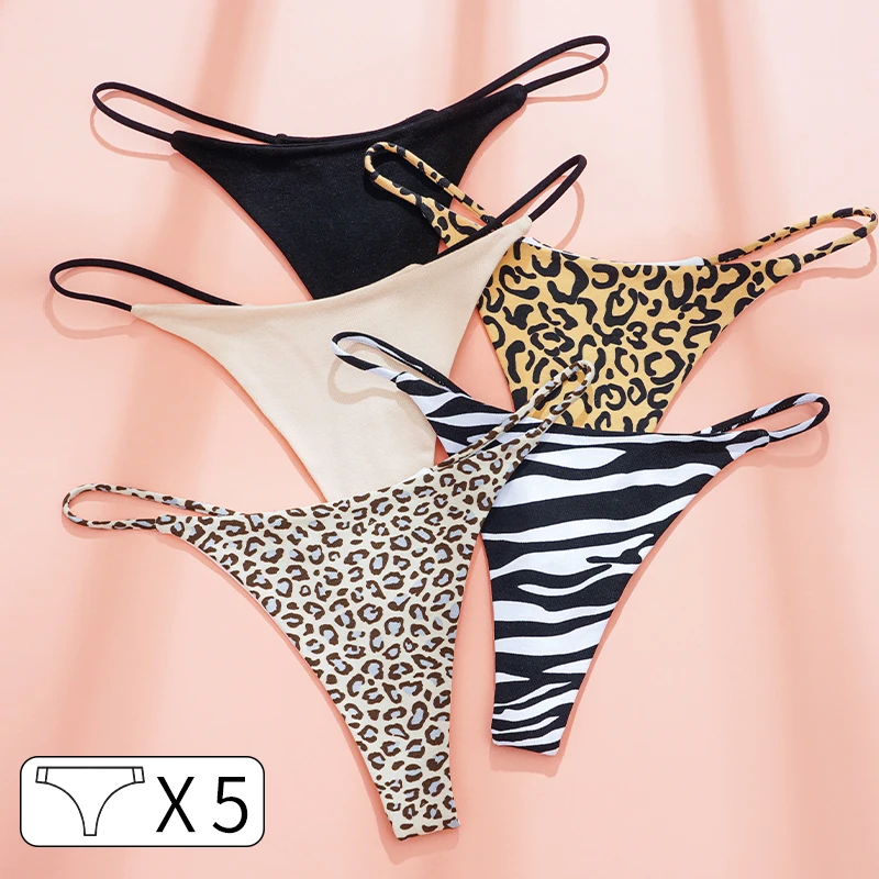 5Pcs Cotton G String Leopard Women Panties Sexy Briefs Thong Low Waist T-back Underwear Seamless Lingerie Size S-XXL