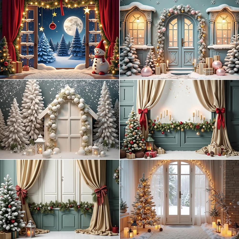 MOON.QG Christmas Scenery Backdrop Photography Window New Year Xmas Tree Photocall Background Baby Photo Studio Photobooth Props