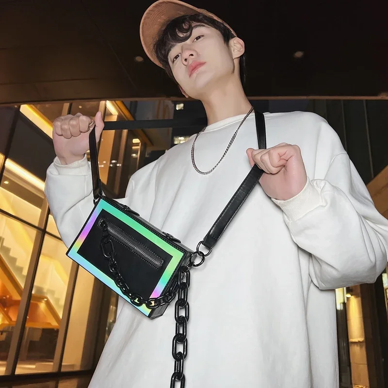 VC Youths Colorful Reflective Box Bag Hip-Hop Streetwear Chains Shoulder Bags for Men Trend Men\'s Designer Sling Crossbody Bag