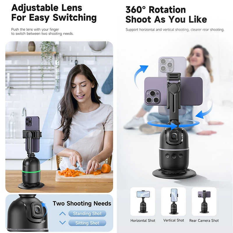 Auto Face Tracking Phone Holder with 360° Rotation,No app required,,Smart selfie gimbal stabilizer, Suitable for Live Broadcast