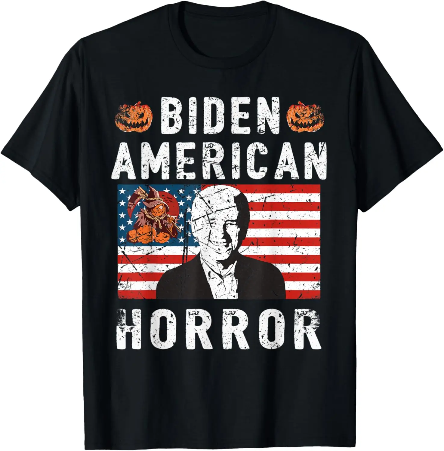 Anti Biden American Horror Halloween Calabaza Vintage Bandera Camiseta