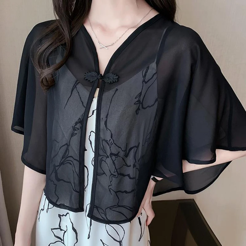 

Women's Summer Cloak Chiffon Scarf Waistcoat Loose Sunscreen Shawl Cheongsam Dress Button Blouse Shoulder Fake Collar Cape T90