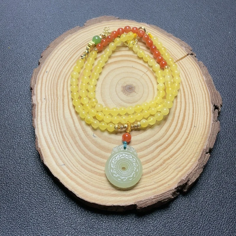 Amber beeswax with Nanhong agate round beads Hetian jade safety buckle pendant atmospheric light luxury necklace