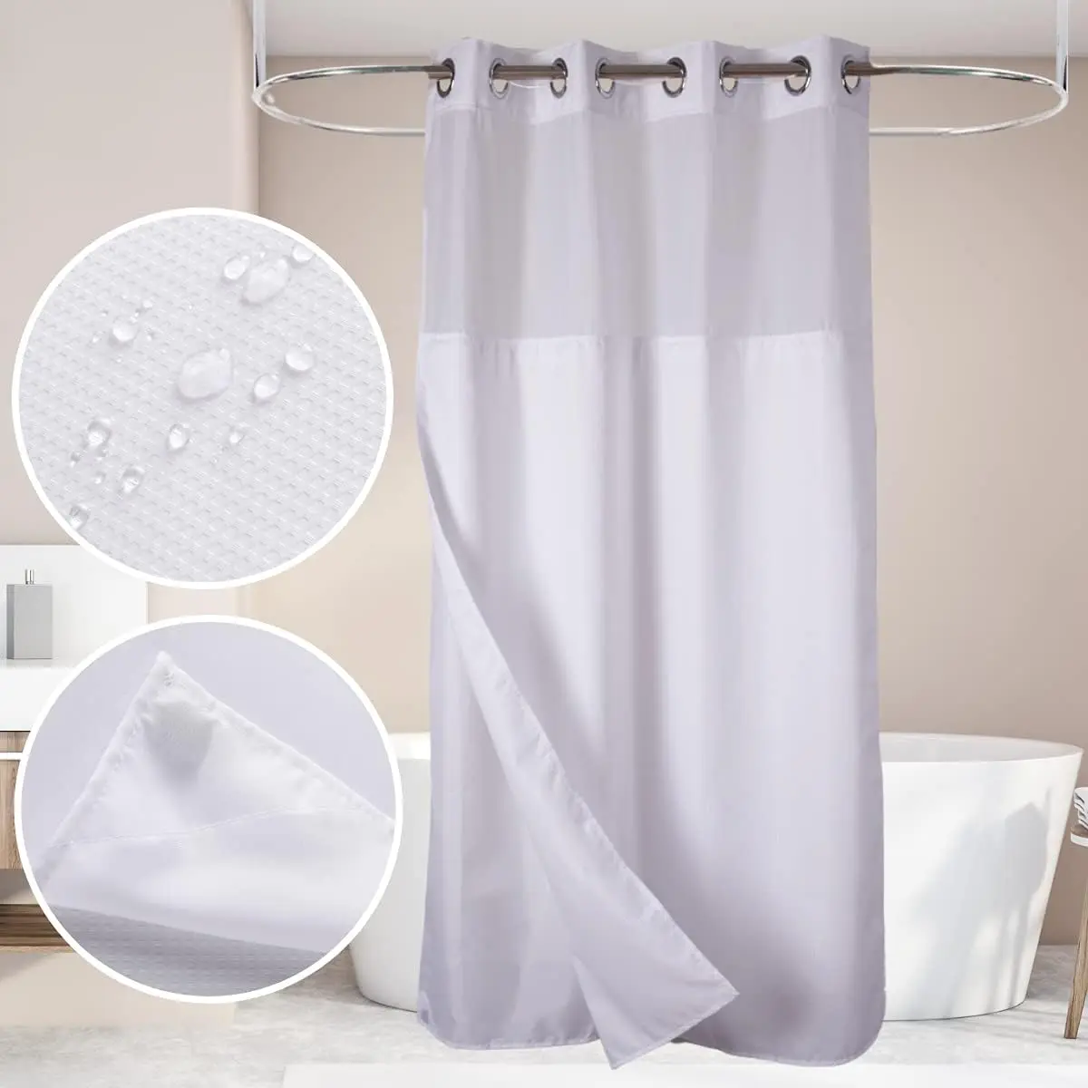 

48" W x74“ L Hook Free Fabric Stall Shower Curtain with Polyester Snap-in L