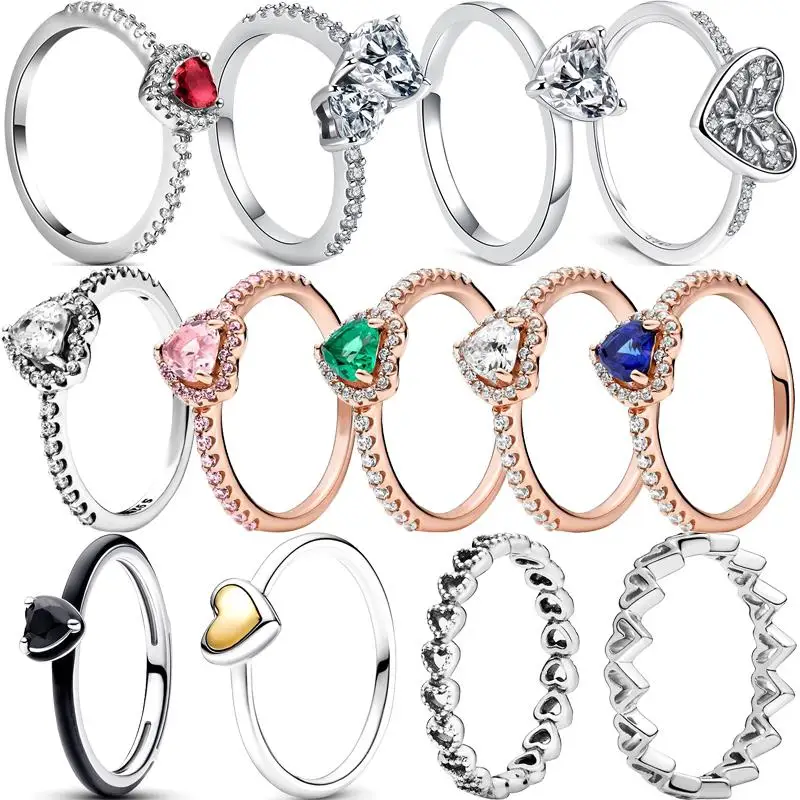 New 925 Sterling Silver Finger Rings Pink Green White Blue Red Black Heart Shaped Zircon Infinite Love Rings Fine Women Jewelry