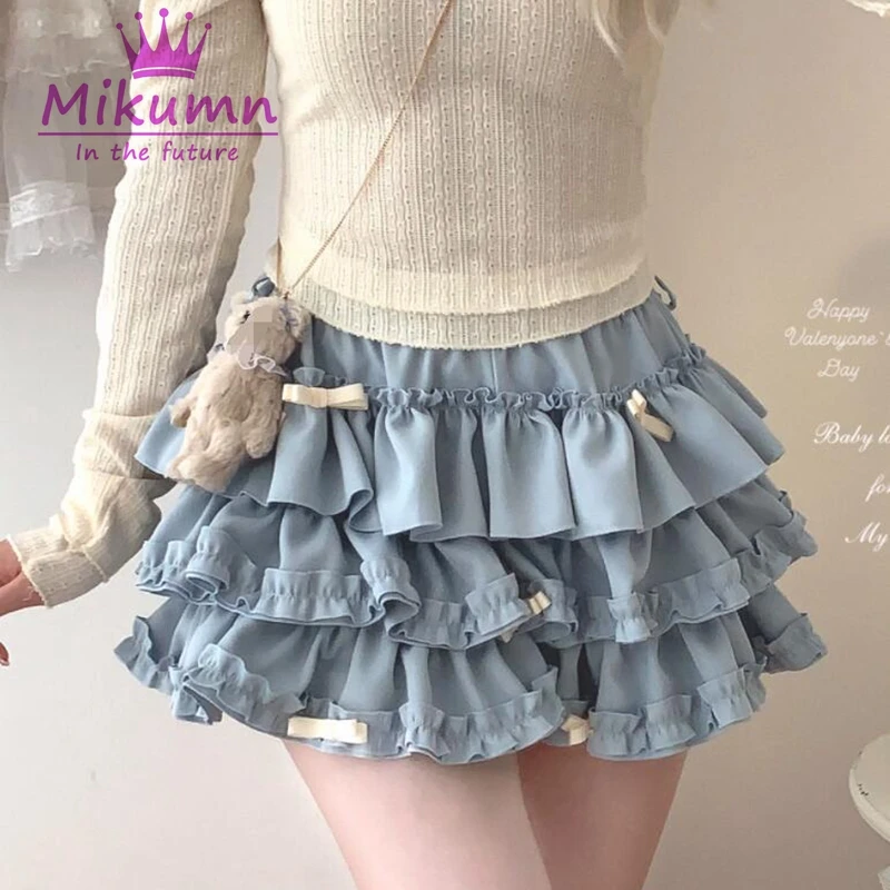 Mikumumal ROK MINI จับจีบฮาราจูกุแนวหวานๆสไตล์ญี่ปุ่นน่ารักๆเอวยางยืดมีโบว์กระโปรงมินิสเกิร์ตฟูกระโปรงเค้กน่ารักโลลิต้า