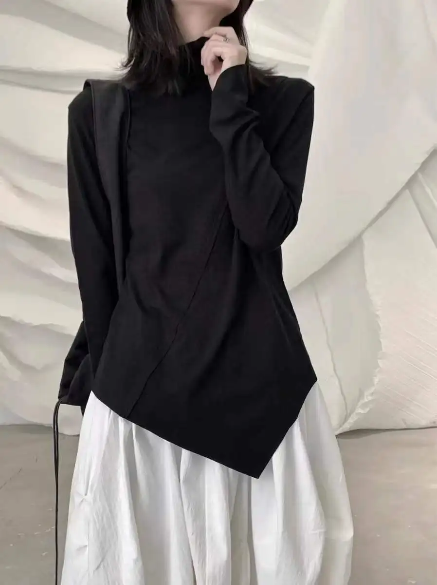 

Dark Long Sleeve Women's Base Shirt Fleece Brushed High Collar Irregular Design Trendy T-shirt Cotton Color Commute Style