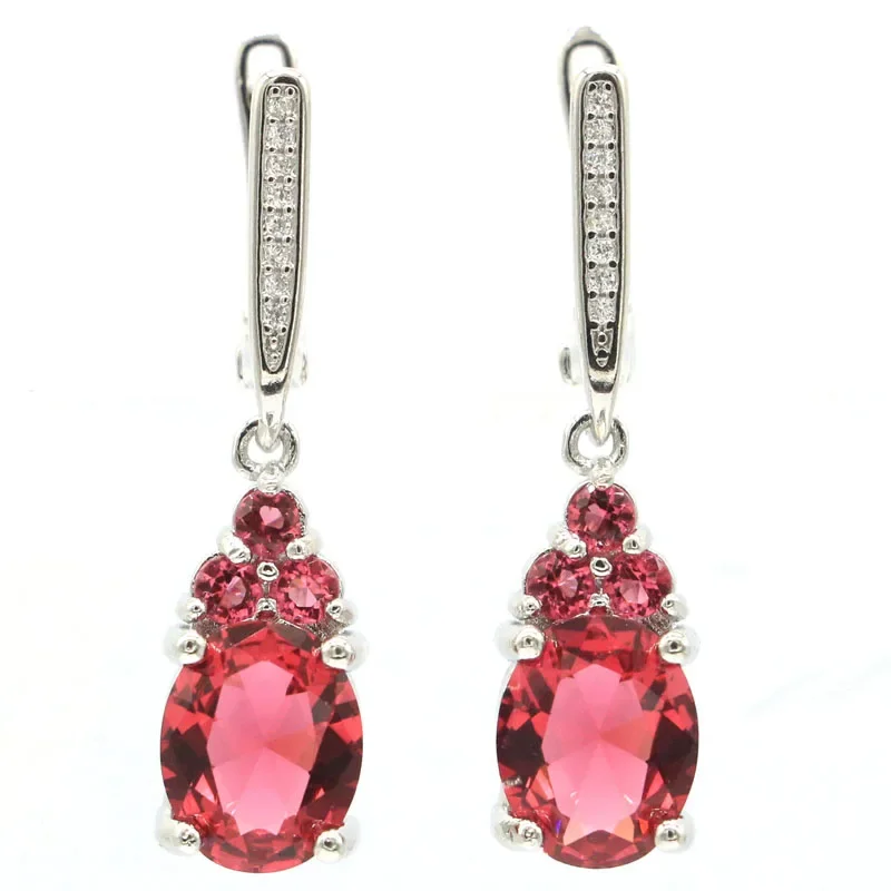 

34x8mm Lovely Cute Drop Pink Raspberry Rhodolite Garnet Blue Aquamarine CZ Females Daily Wear Silver Dangle Earrings