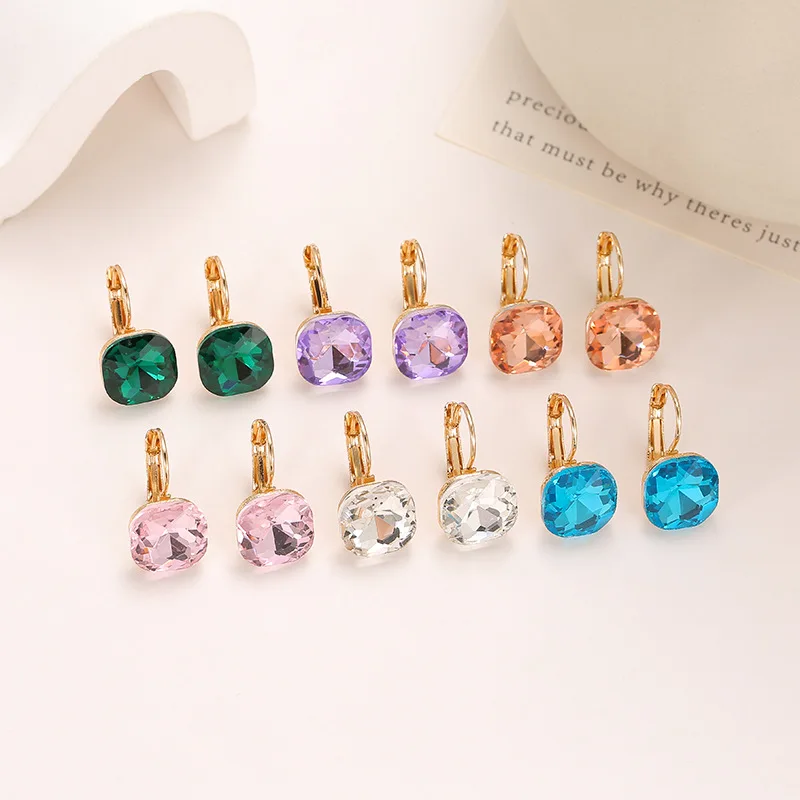 White Blue Square Crystal Drop Earrings for Women Party Shiny Geometry Round Circle Dangle Earrings Golden Color Trendy Jewelry