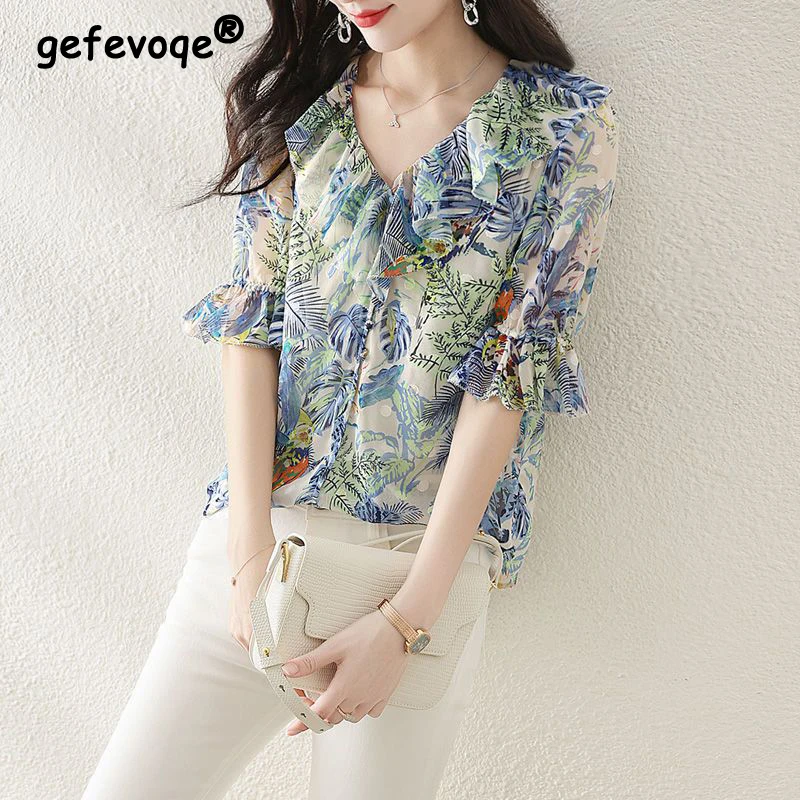 Women Ruffle Floral Print Sweet Chic Blouses 2023 Summer Korean Fashion V Neck Short Sleeve Shirt Female Simple Casual Thin Tops