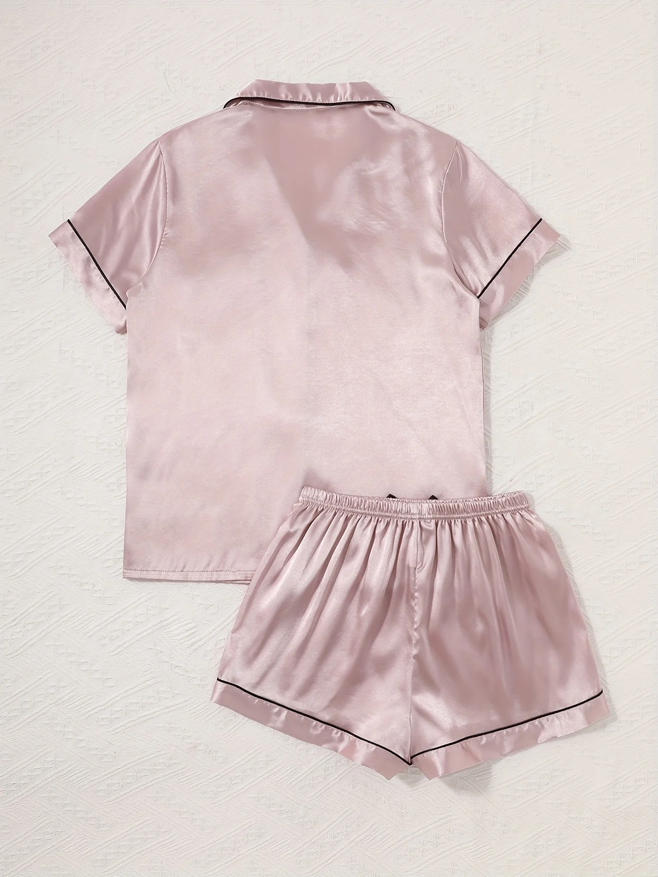 Summer Sleepwear Relaxed Fit Solid Silk Satin Women's Casual Pajama Set, Comfortable Short Sleeve Buttons Lapel Top & Shorts