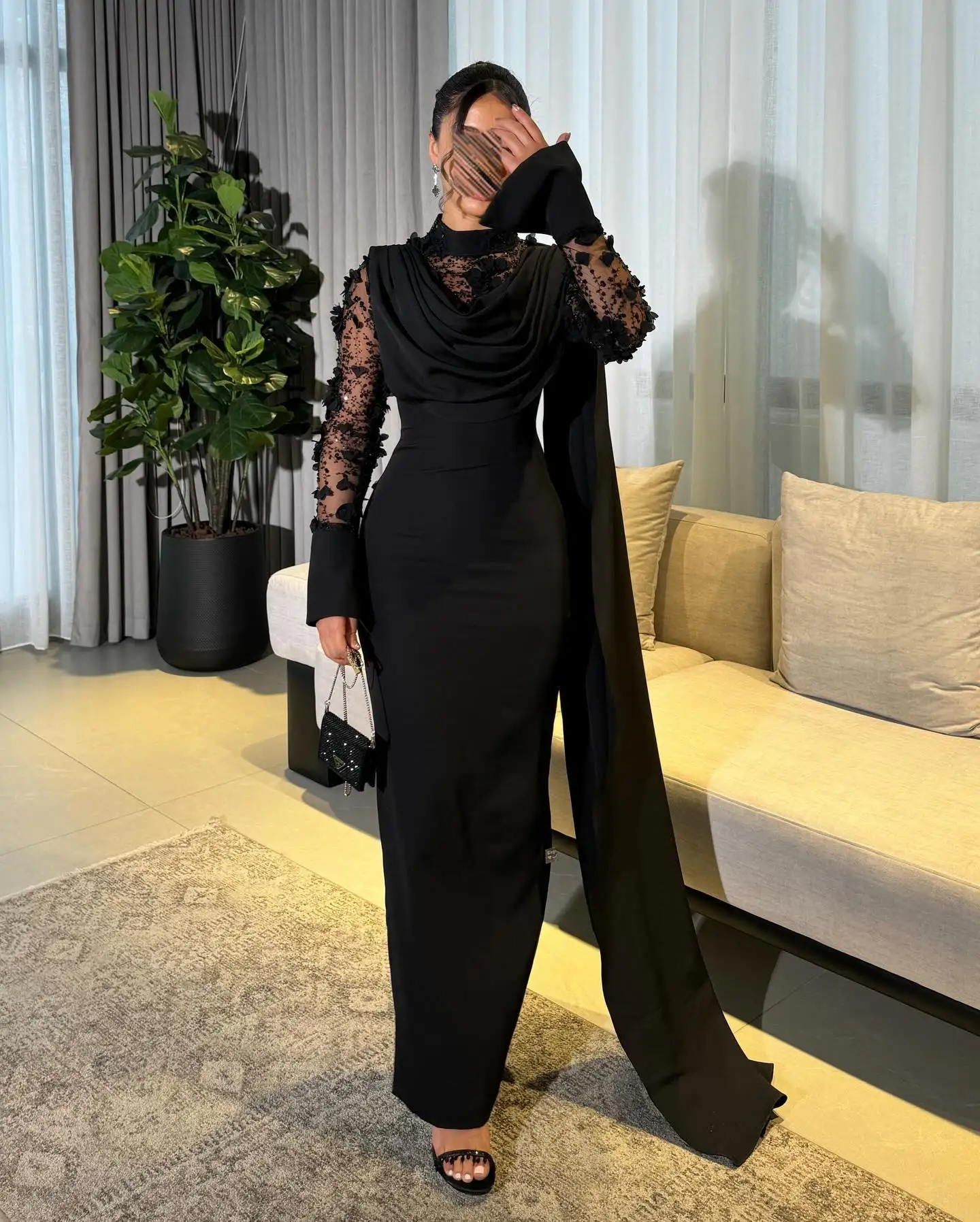 

Customized Formal Black Jersey Evening Dresses Classic Lace Ruched High Neckline Celebrity Gowns Long Sleeves Vestido De Noche