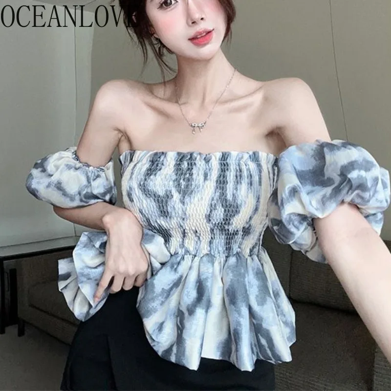 

OCEANLOVE Tie Dye Короткие блузки с разрезом на шее и пышными рукавами Весна-лето Сексуальные женские рубашки Корейская мода с оборками Blusas Mujer