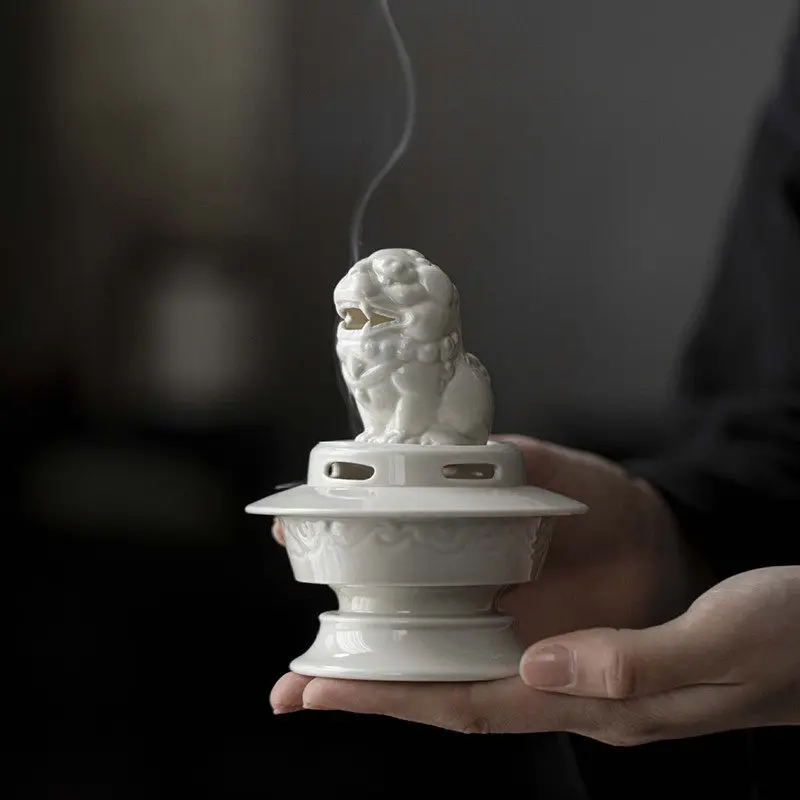 

Chinese Suanni Beast Ash Glaze Ceramic Incense Burner Zen Meditation Home Decor Altar Gift for Fragrance