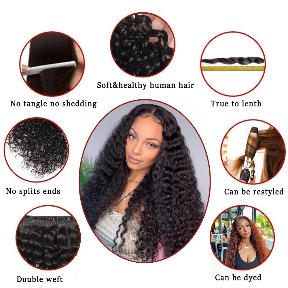 Paket Rambut Manusia Deep Wave 30 32 Inch Remy Mentah Tanpa Proses 100% Rambut Manusia Water Curly Wave Extension 3 Bundel