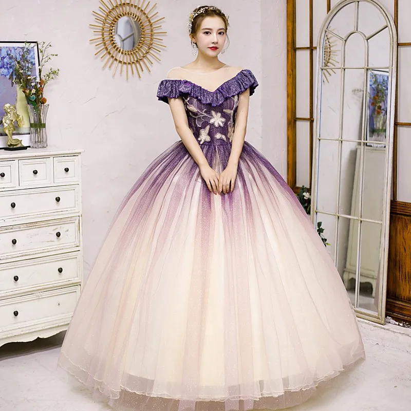   Lila glänzende Quinceanera-Kleider, klassisch, gerüscht, schulterfrei, Puffkleid für Abschlussball, elegant, exquisit, Vestido Baile, individuell gestaltet