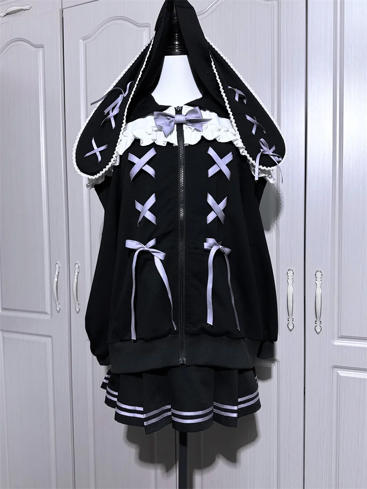 Original japonês doce legal menina coelho orelha hoodies laço-up arco fora do ombro manga longa solto moletom jaquetas feminino outono