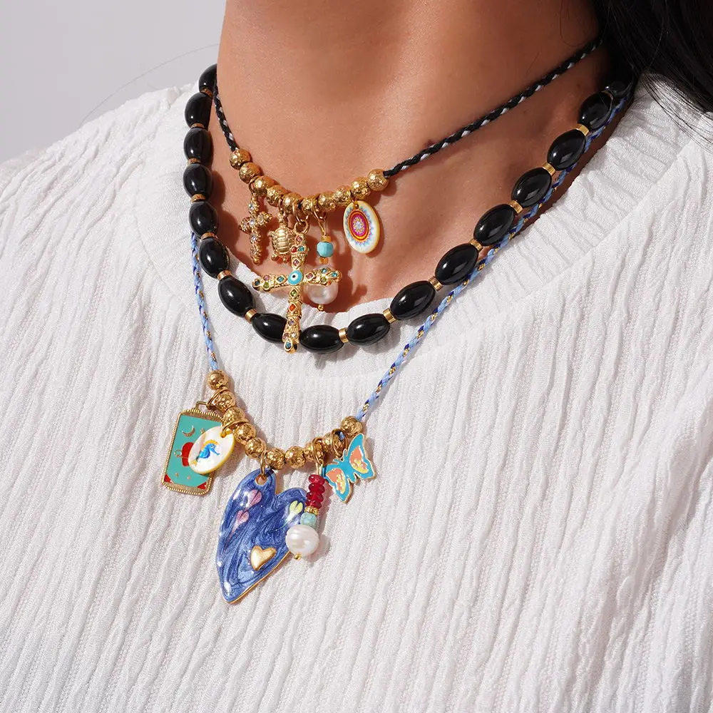 

Stainless Steel Aesthetic Colorful Cord Choker Necklace Heart Cross Evil Eye Pendan Tarot Card Butterfly Pearl Charm Y2K Jewelry